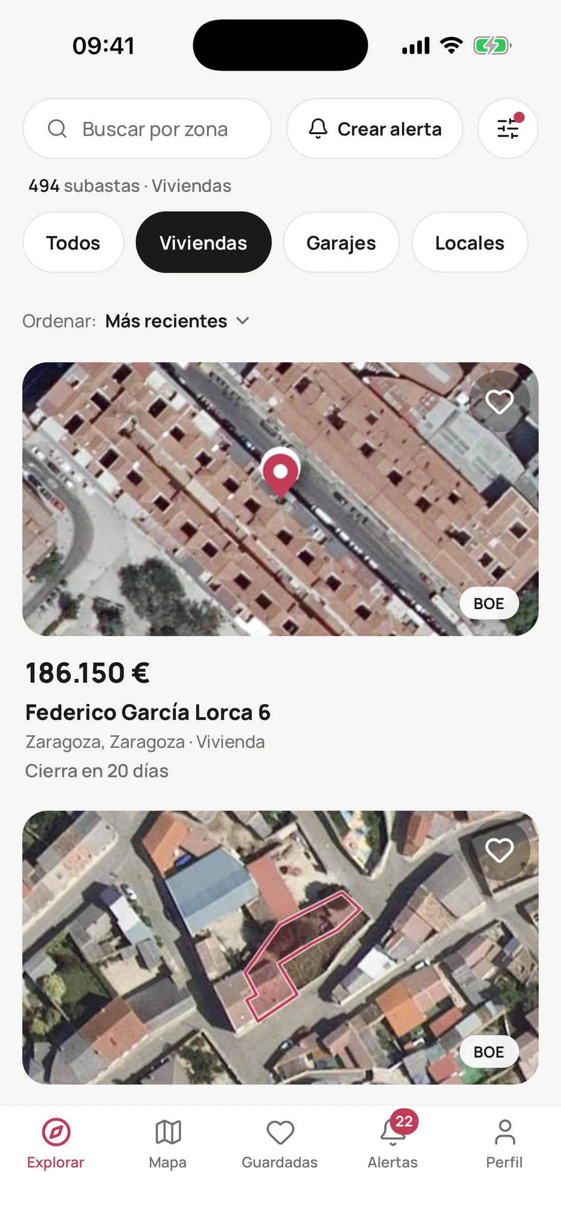 Listado de subastas en Subastable con fotos aéreas, precio y fecha de cierre