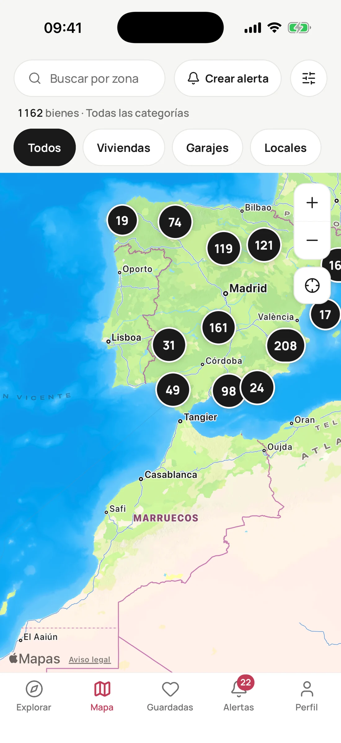 Mapa de Subastable con las subastas de toda España agrupadas por zona