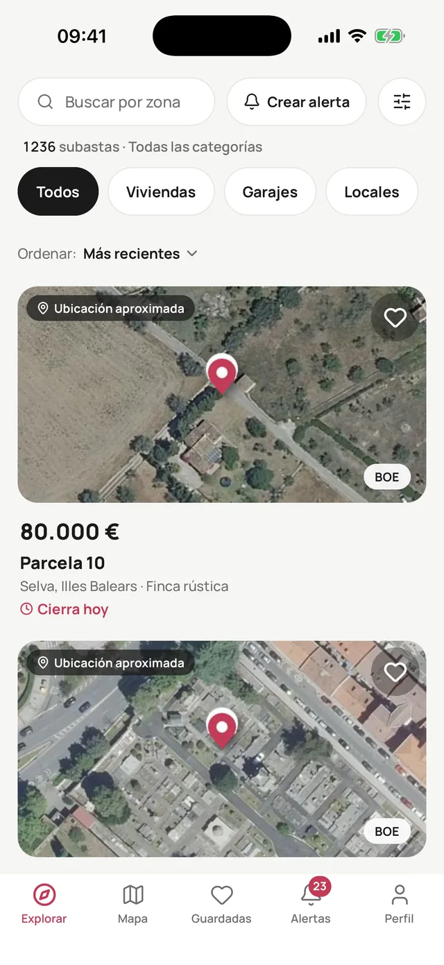 Listado de subastas recientes en Subastable con fotos aéreas y fechas de cierre