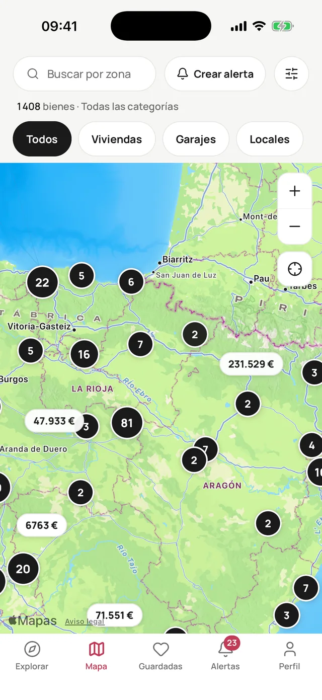 Mapa de Subastable con 1.408 subastas en España y precios sobre el mapa